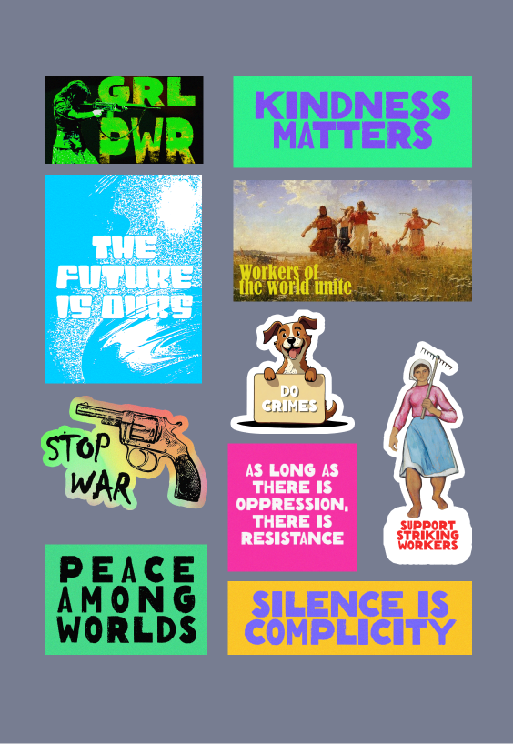 mobile view of colleciton of activists stickers